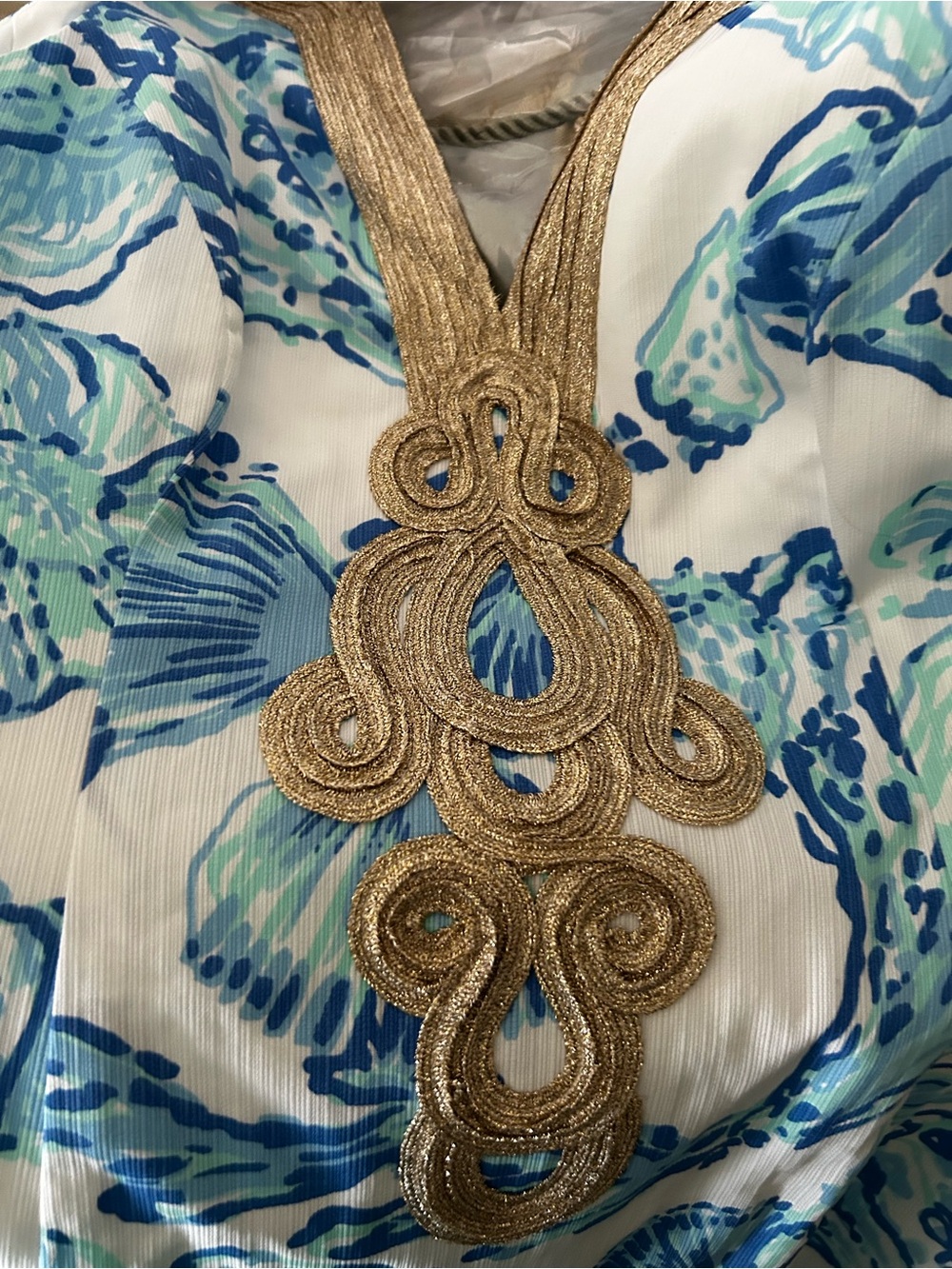 Lilly Pulitzer Blue, Aqua & White Shell-Print Mini Dress with Gold Trim - Picture 5 of 6